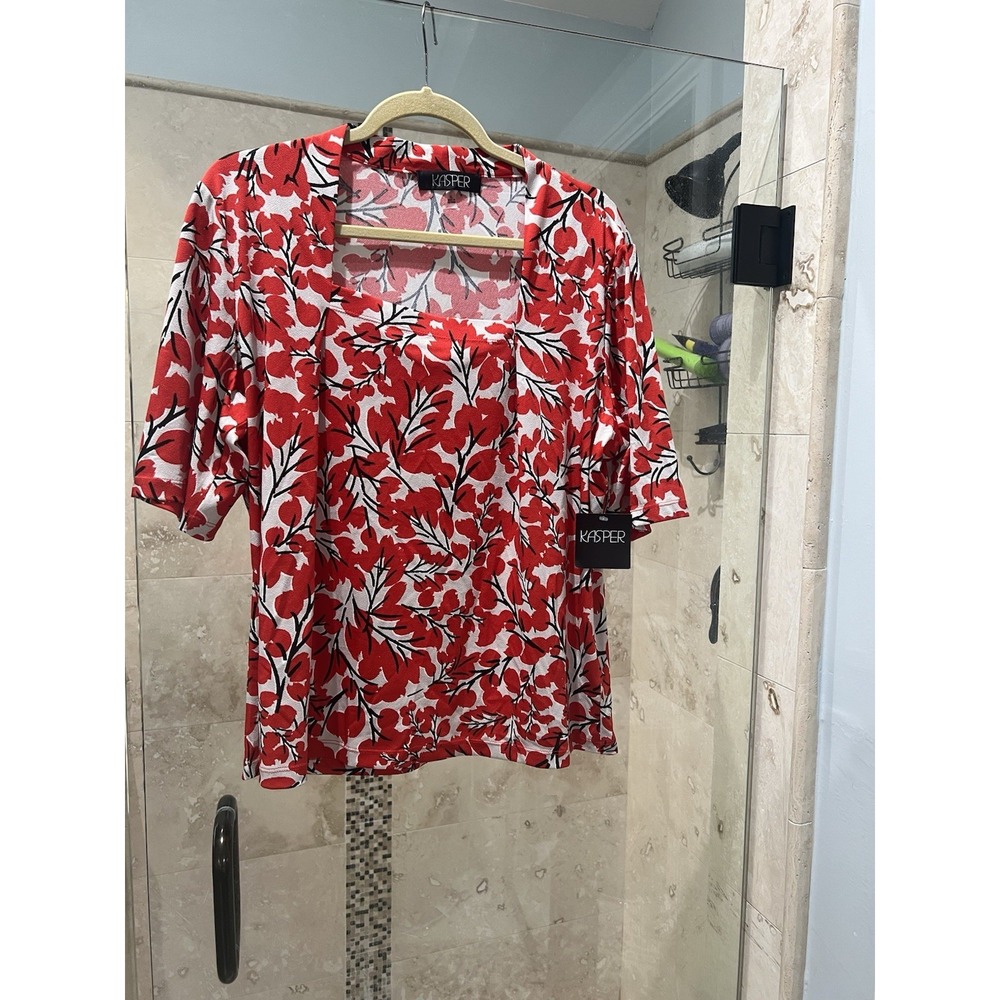 Kasper Womens Red Floral Square Neck 3/4 Sleeve Blouse Top XL NWT